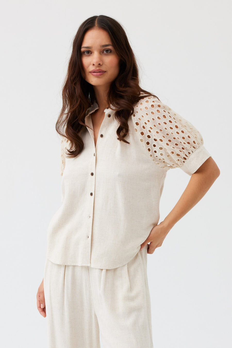 FQLARA - BLUSE IN LEINENMISCHUNG - BEIGE