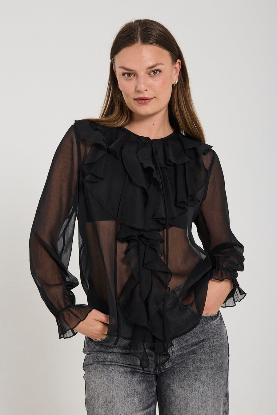 FQDITTE – BLUSE MIT RÜSCHEN - SCHWARZ