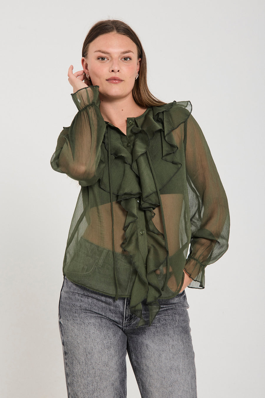 FQDITTE – BLUSE MIT RÜSCHEN - GRÜN