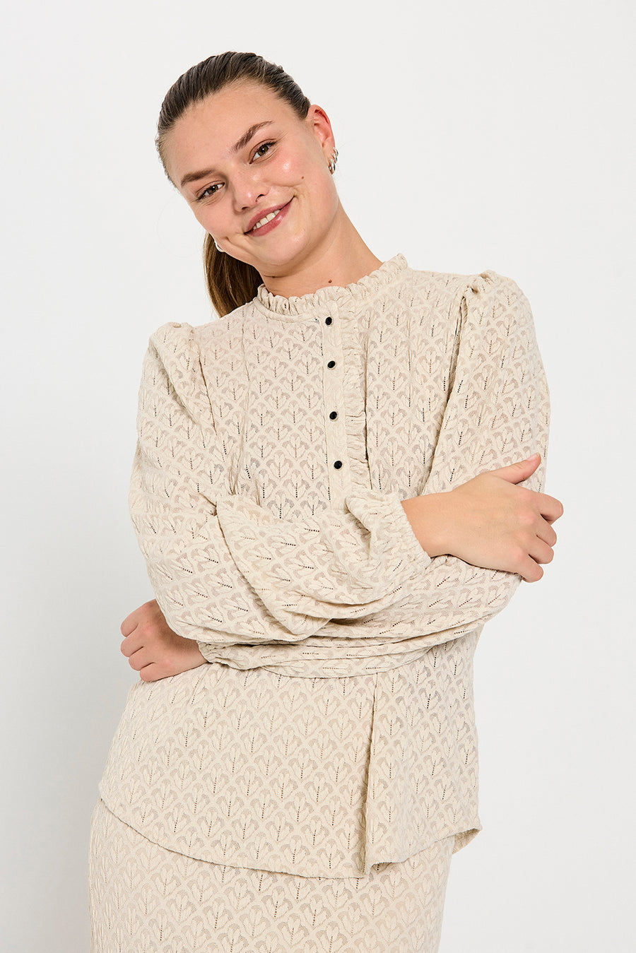 FQRIGGA - BLUSE MIT SPITZE - BEIGE