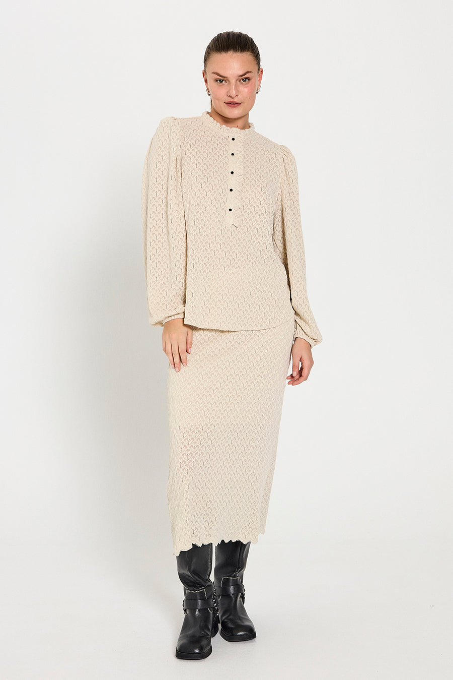 FQRIGGA - BLUSE MIT SPITZE - BEIGE