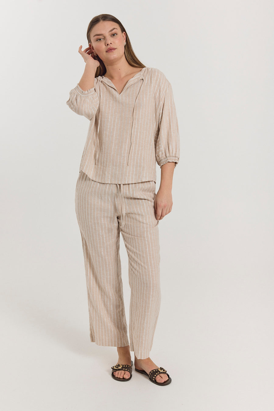 FQLALUX – GESTREIFTE BLUSE - BEIGE UND WEISS