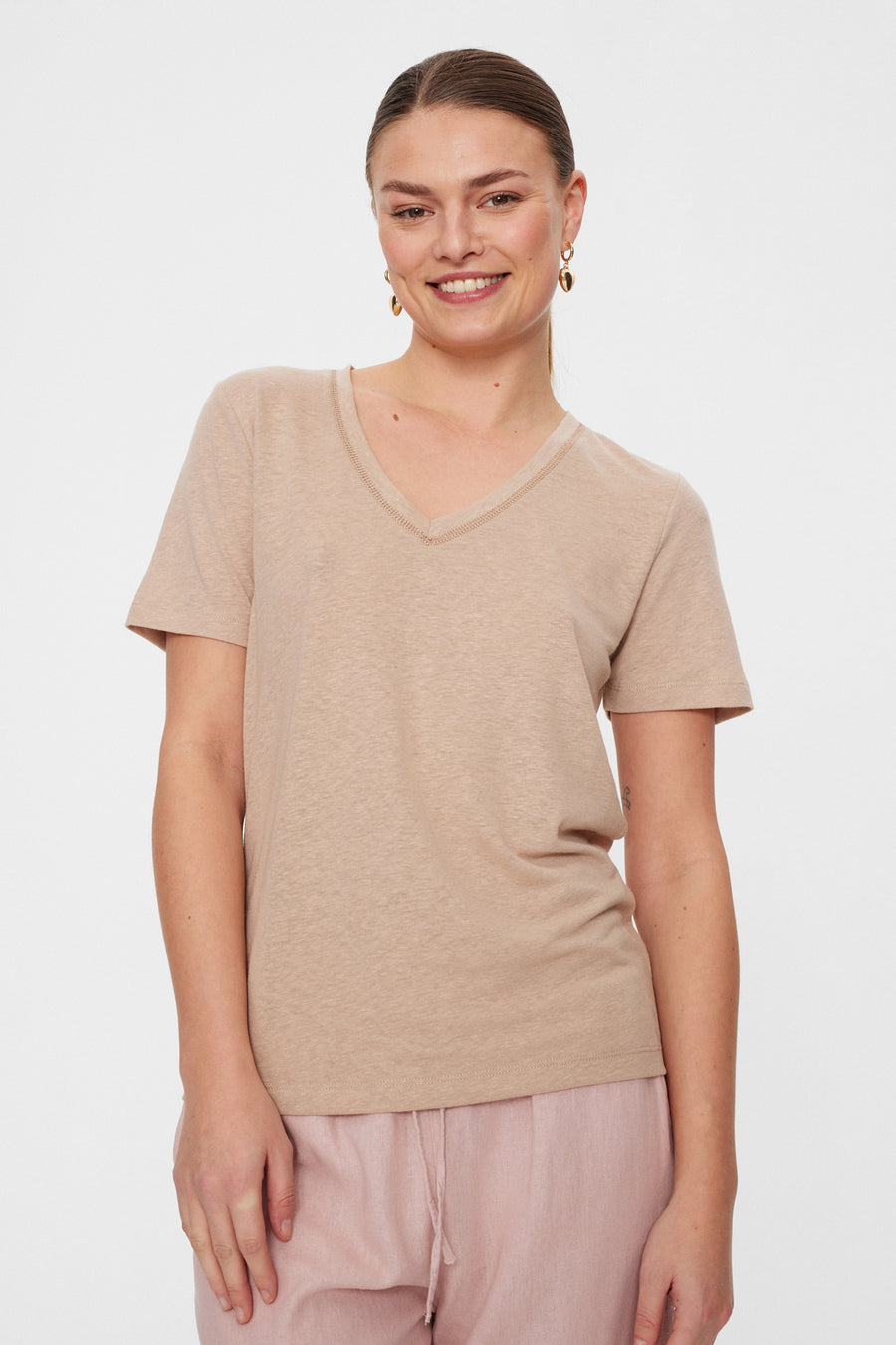 FQHILLE - T-SHIRT AUS LEINENMISCHUNG MIT V-AUSSCHNITT - BEIGE
