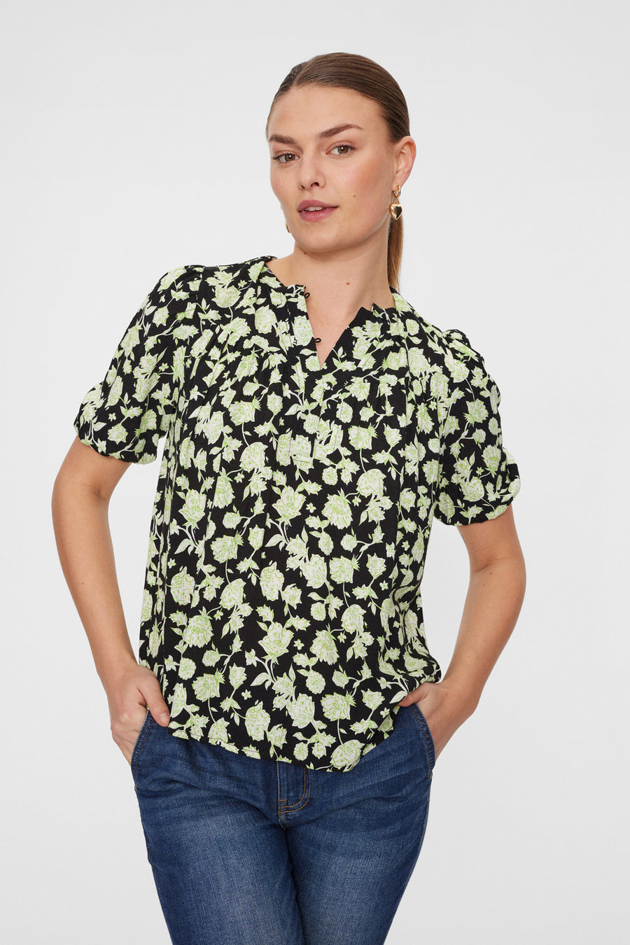 FQEBELLO - BLUSE MIT BLUMENPRINT - SCHWARZ UND GRUN