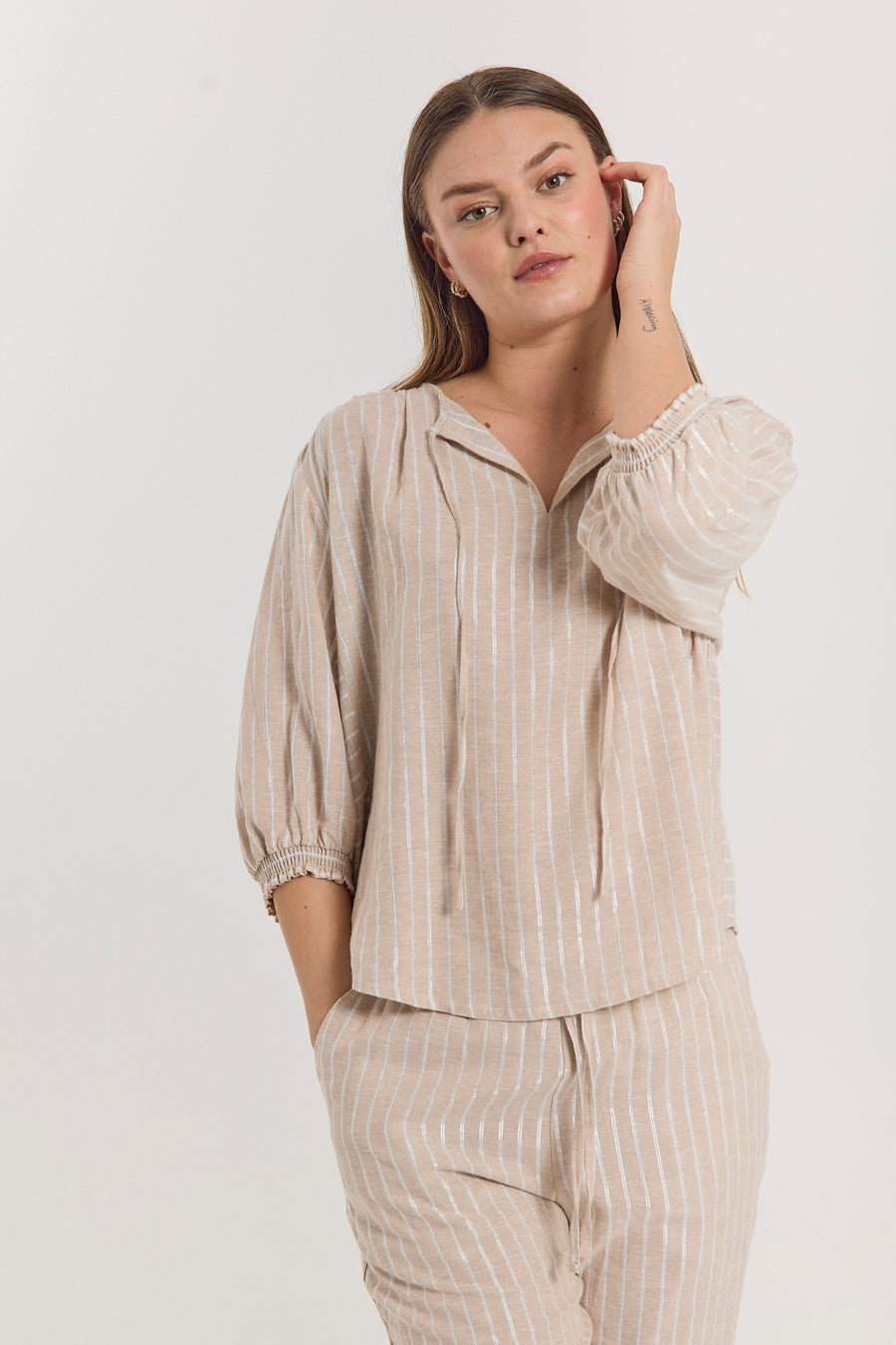 FQLALUX – GESTREIFTE BLUSE - BEIGE UND WEISS